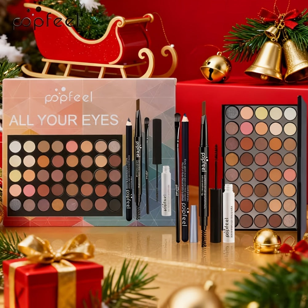 Makeup Gift Set POPFEEL 29-Color Eyeshadow Palette + Mascara + Eyeliner + Brow Pencil + Highlighter Powder + 7-Piece Brush Set | Complete Eye & Face Kit for All Skin Types | Beginner Friendly
