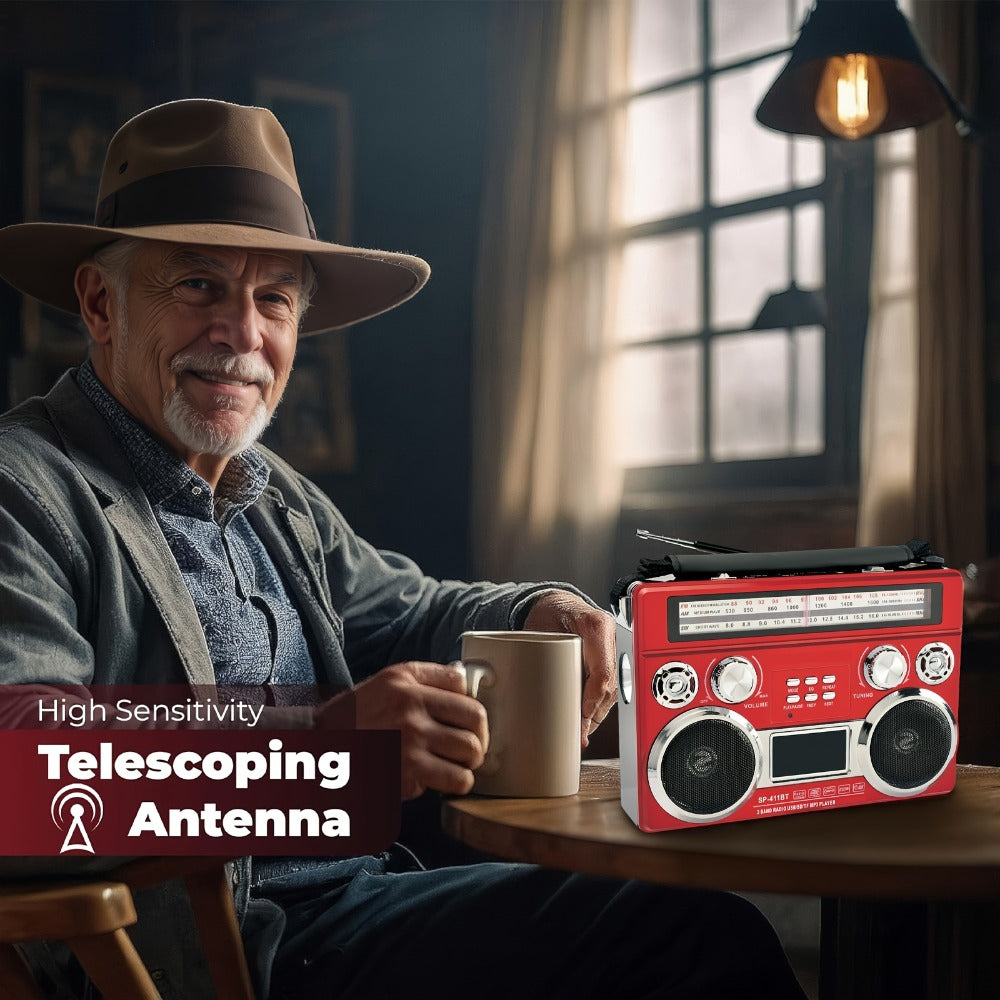 Solar Powered Bluetooth Radio Retro Portable AM FM SW with LED Flashlight, TF SD USB AUX MP3 Playback, Telescopic Antenna & Leather Handle for Camping Emergency Outdoor