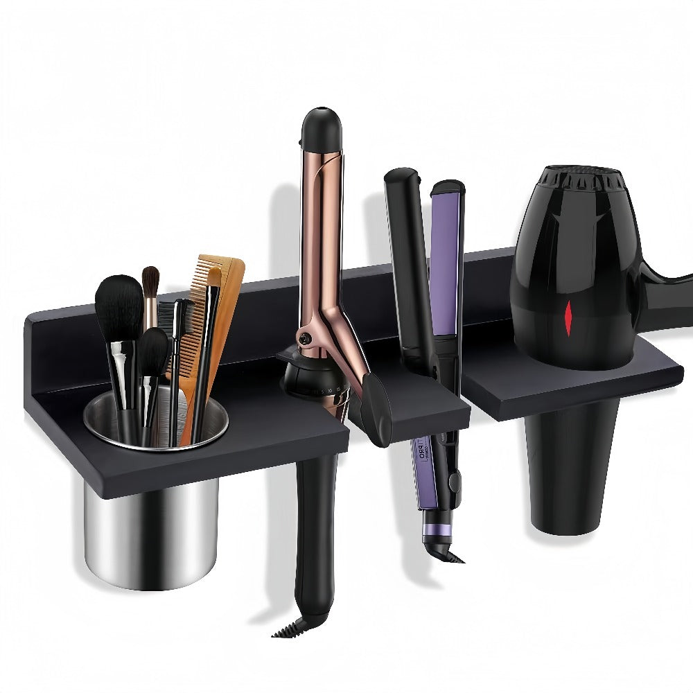 Wall-Mounted Wooden Hair Tool Organizer with Holder for Hair Dryer, Curling Iron and Brushes in Two Colors