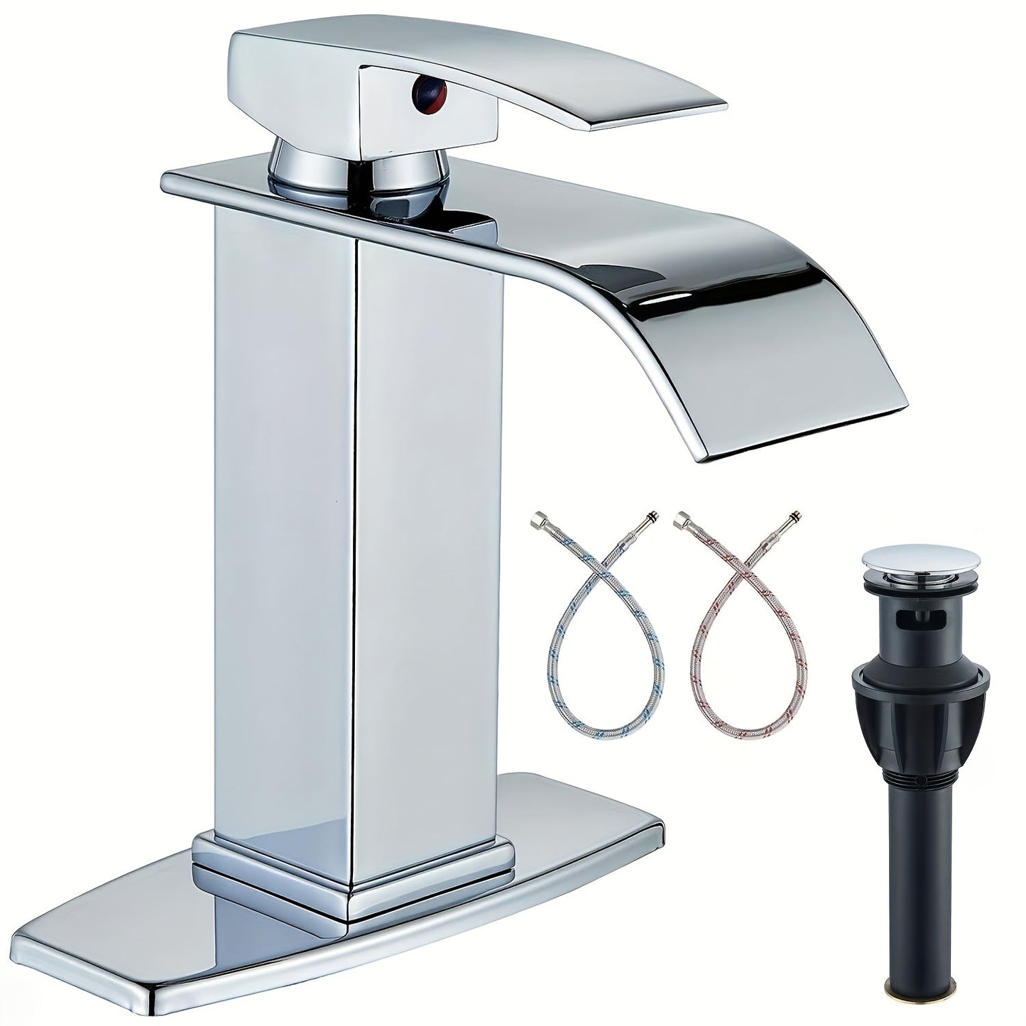 Single-Handle Waterfall Bathroom Faucet with Deck Plate, Drain Options and Single or Two-Piece Finishes