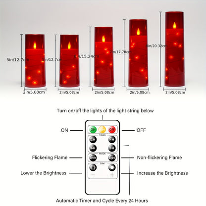 Flameless LED Candles with Remote Control Timer and Star String Lights Set of 5 or 7 Pillar Candles for Wedding Garden Home Decor Anniversary Gift Grey Ivory Gold Red