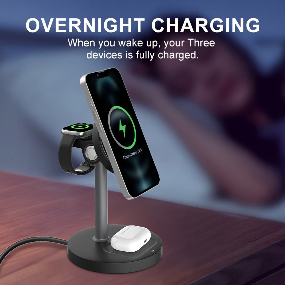 3-in-1 Wireless Charging Station 6 Colors Fast Qi Charger for iPhone 17/16/15/14/13/12, Apple Watch Ultra/Series 11/10/9/SE & AirPods 4/3/2 Pro – Anti-Slip Foreign Object Detection | Pink White Black Purple Green Blue