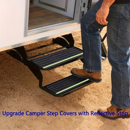 RV Step Covers Non-Slip Reflective – Durable Polyester Camping Rug Set for Travel Trailer, Motorhome & Outdoor Adventures, 2 or 4 Pack, Black