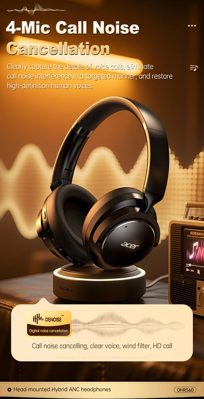 Acer OHR560 ANC Over-Ear Wireless Headphones, Full-Coverage Foldable Design HiFi Stereo HD ENC Call Noise Reduction Built-in Mic, 3.5mm Audio Cable Compatible for Work Travel Gaming Study