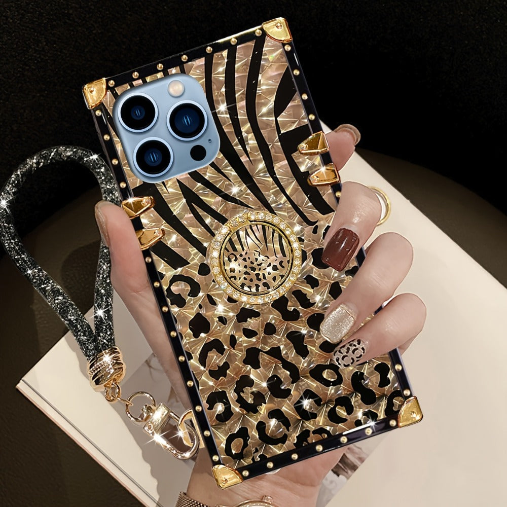 Leopard Print iPhone Case with Ring Buckle Stand Anti-Drop Fashion Rectangular Cover for iPhone 16 Pro Max 15 Pro Max 15 Plus 14 Pro Max 13 Pro Max 12 Pro Max – Trendy Women Girls Kickstand Phone Case