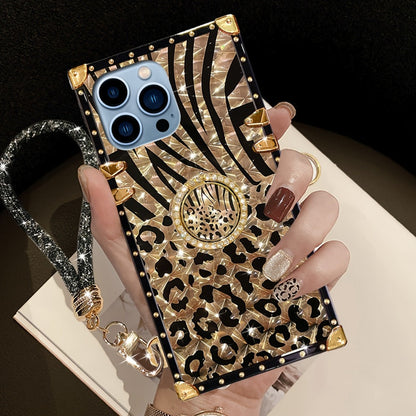 Leopard Print iPhone Case with Ring Buckle Stand Anti-Drop Fashion Rectangular Cover for iPhone 16 Pro Max 15 Pro Max 15 Plus 14 Pro Max 13 Pro Max 12 Pro Max – Trendy Women Girls Kickstand Phone Case