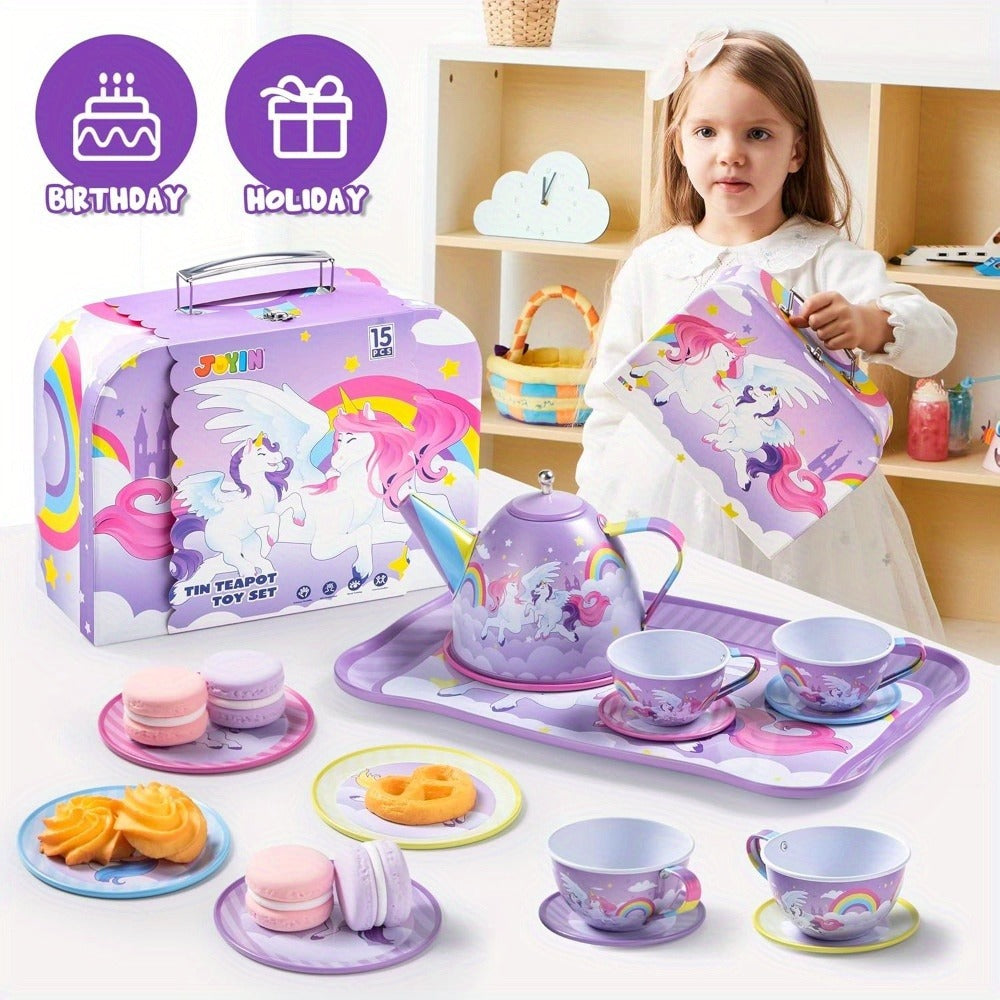 Purple Unicorn Tin Tea Set in Carry Case with Teapot, Four Cups, Four Saucers and Five Plates