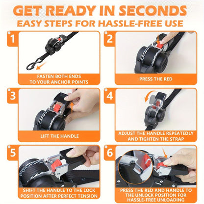 Ratchet Tie-Down Straps with Auto-Retract & Speed Control – Heavy-Duty Cargo Securing Kit with Hooks & Storage Bag | Motorcycle Transport, Towing & Truck Bed Load Securing