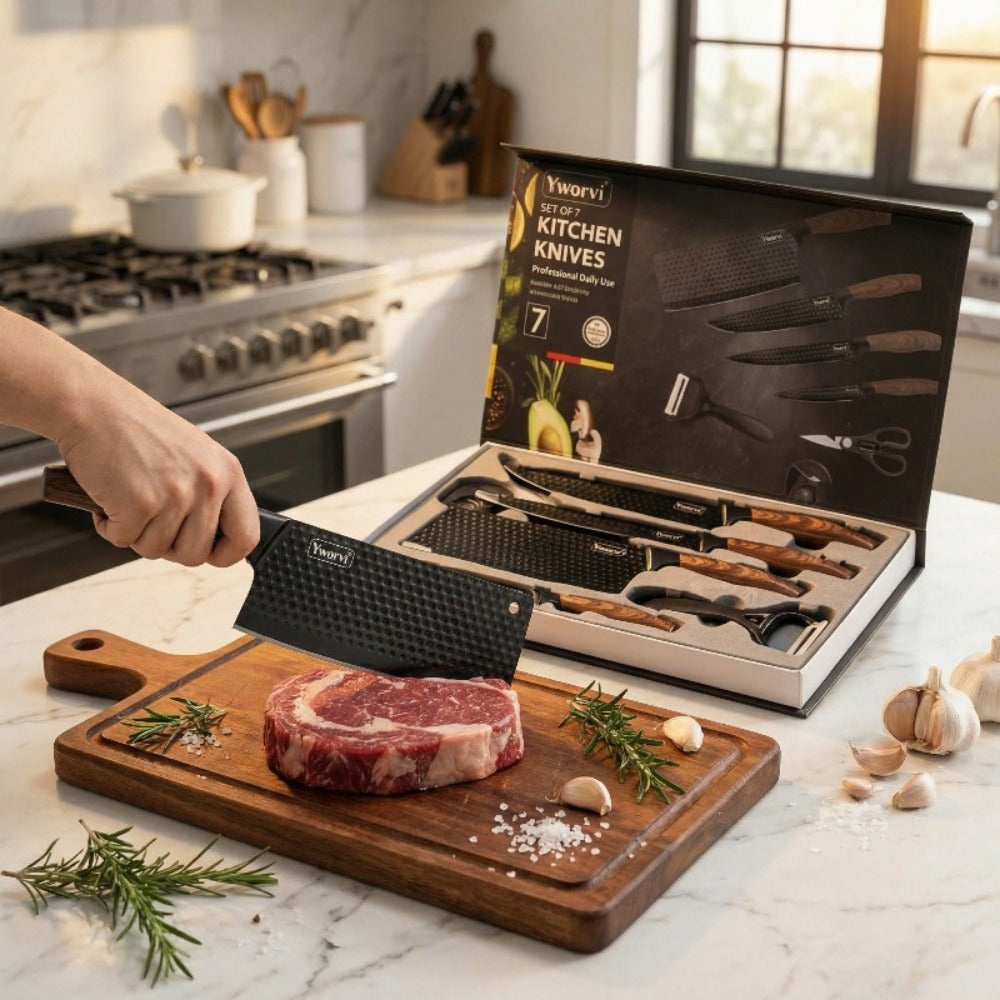 Seven-Piece Kitchen Knife Set with Four Blades, Scissors, Peeler and Sharpener, Offered in Two Styles