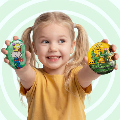 Rock Painting Craft Kit with 10 Stones, 16 Paint Colors, Brushes, Gems, Glitter and Stickers