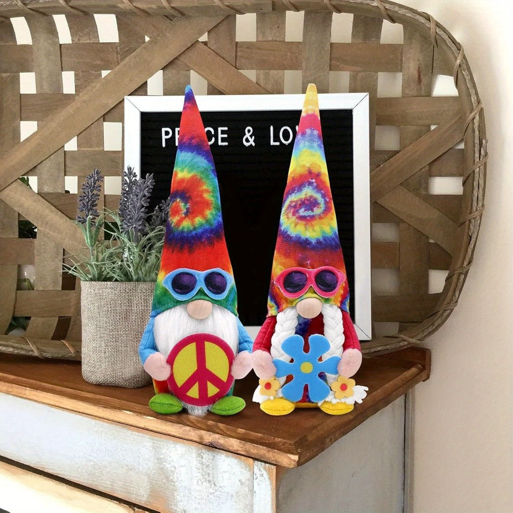 Hippie Gnomes Decorations 2 Pack – Groovy Tie Dye Tomte Figurines with Peace Sign & Fashion Glasses, 13.5" Swedish Gnome Shelf Sitters for Farmhouse, Christmas, Halloween & Party Decor