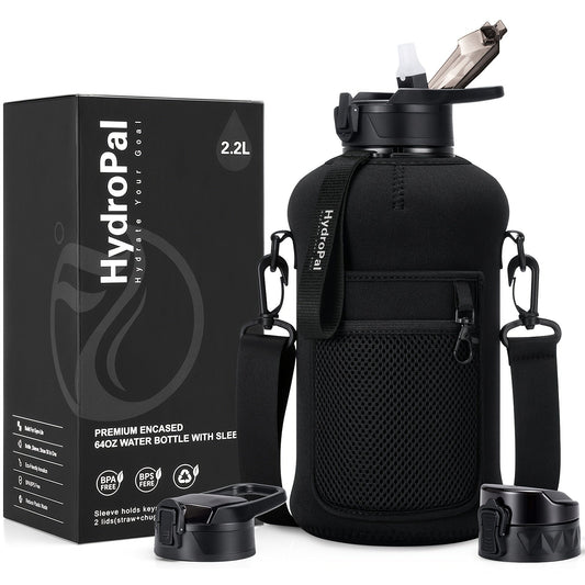 74oz Half Gallon Water Bottle with Storage Sleeve & 2 Lids - BPA-Free Large Sports Water Jug with Straw Lid, Chug Lid & Carry Strap, Big Gym Water Bottle with Handle for Daily Hydration