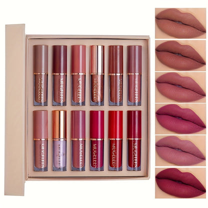 Non-Stick Matte Lip Gloss Set 12 Pcs Non-Fading Long-Lasting Liquid Lipstick Assorted Colors with Wand Applicator – Velvety Bold Lip Color Beauty Gift for Women & Girls Everyday Wear & Events