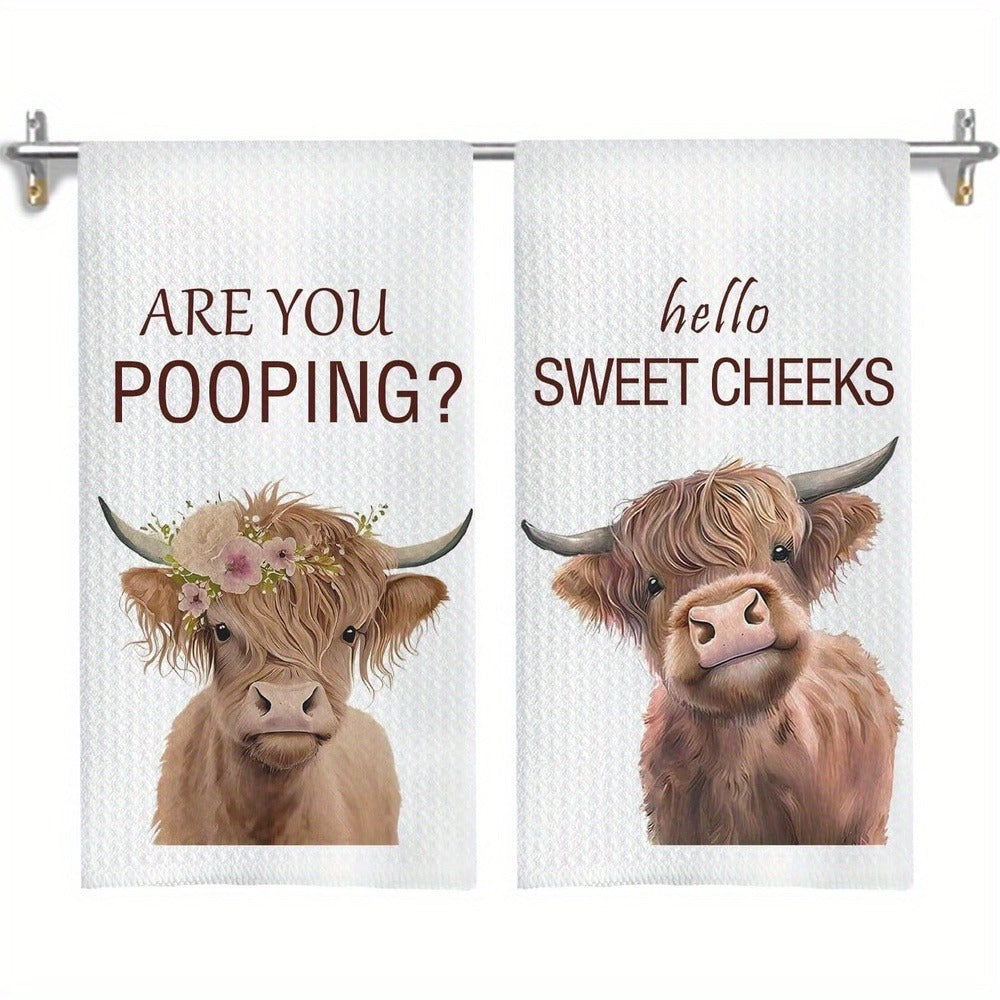 Highland Cow Hand Towels Set of 2 Funny Farmhouse Bathroom Decor Hello Sweet Cheeks Kitchen Towel 16x24 Inch Washroom Gift