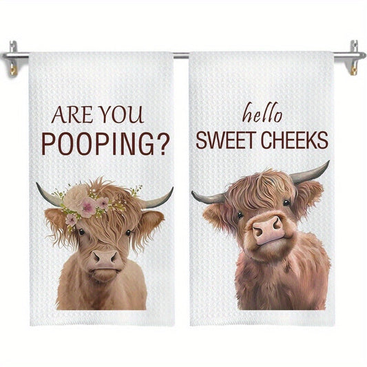Highland Cow Hand Towels Set of 2 Funny Farmhouse Bathroom Decor Hello Sweet Cheeks Absorbent Kitchen Towel 16x24 Inch Washroom Gift