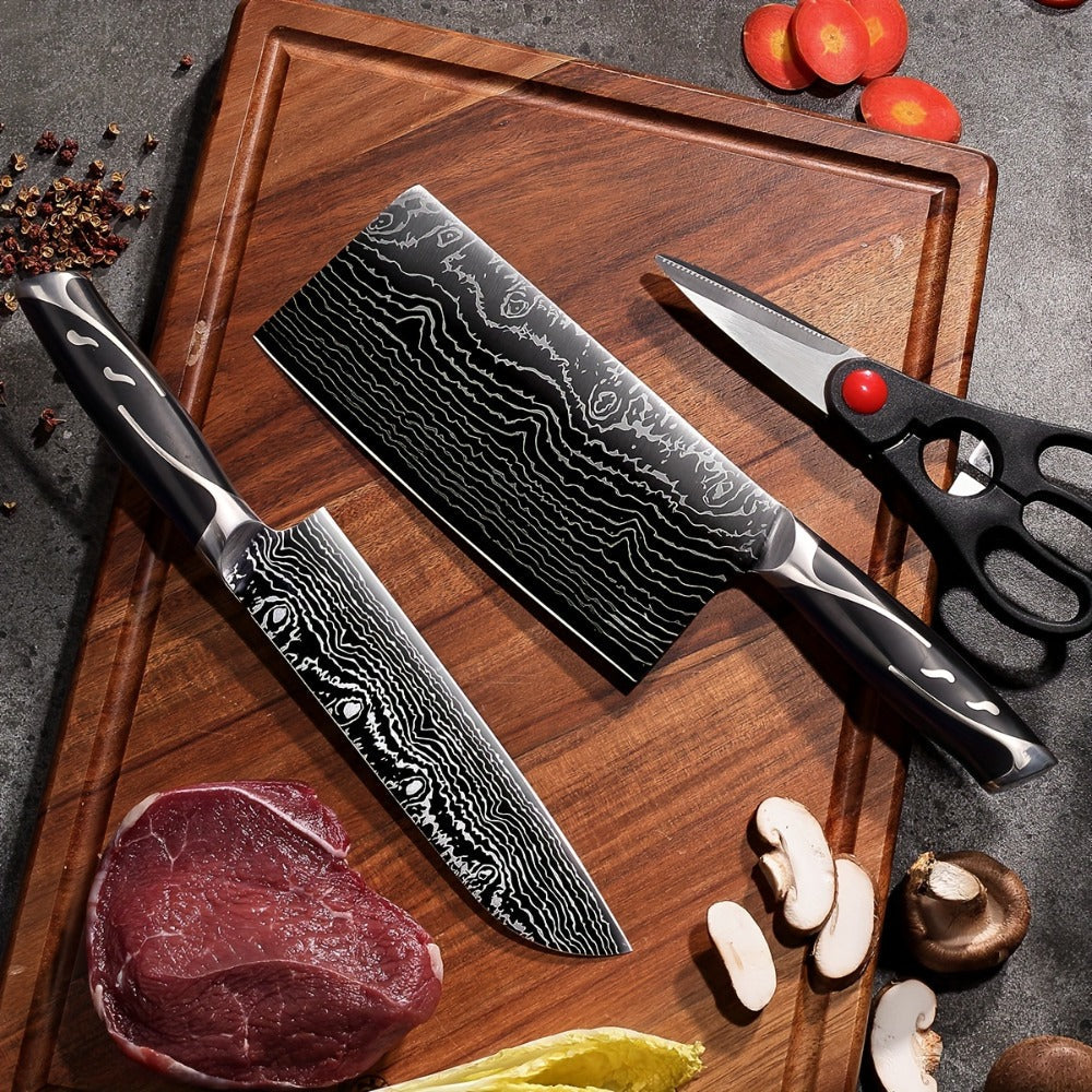 Kitchen Knife Set 7-Piece Damascus Pattern Stainless Steel with Universal Knife Block Holder – Chef Knife, Fruit Knife & Safety Knives Included, Non-Slip Handle