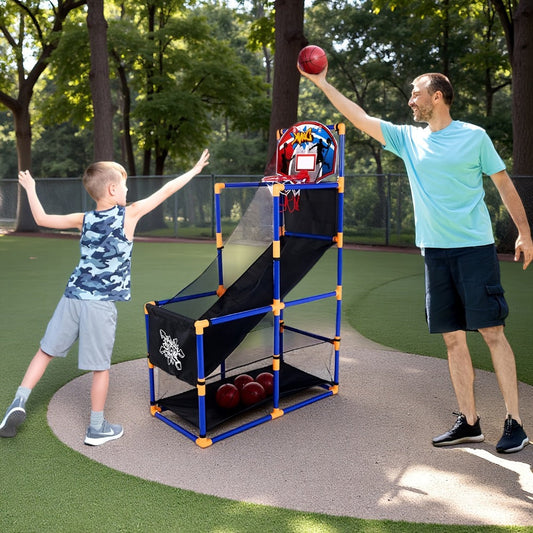 Kids Adjustable Basketball Hoop Set Arcade-Style Stand 4 Balls Air Pump 55 Inch Height Indoor Outdoor Sport Play Birthday Christmas Gift Boys Girls Ages 3+ Multicolor Red Blue
