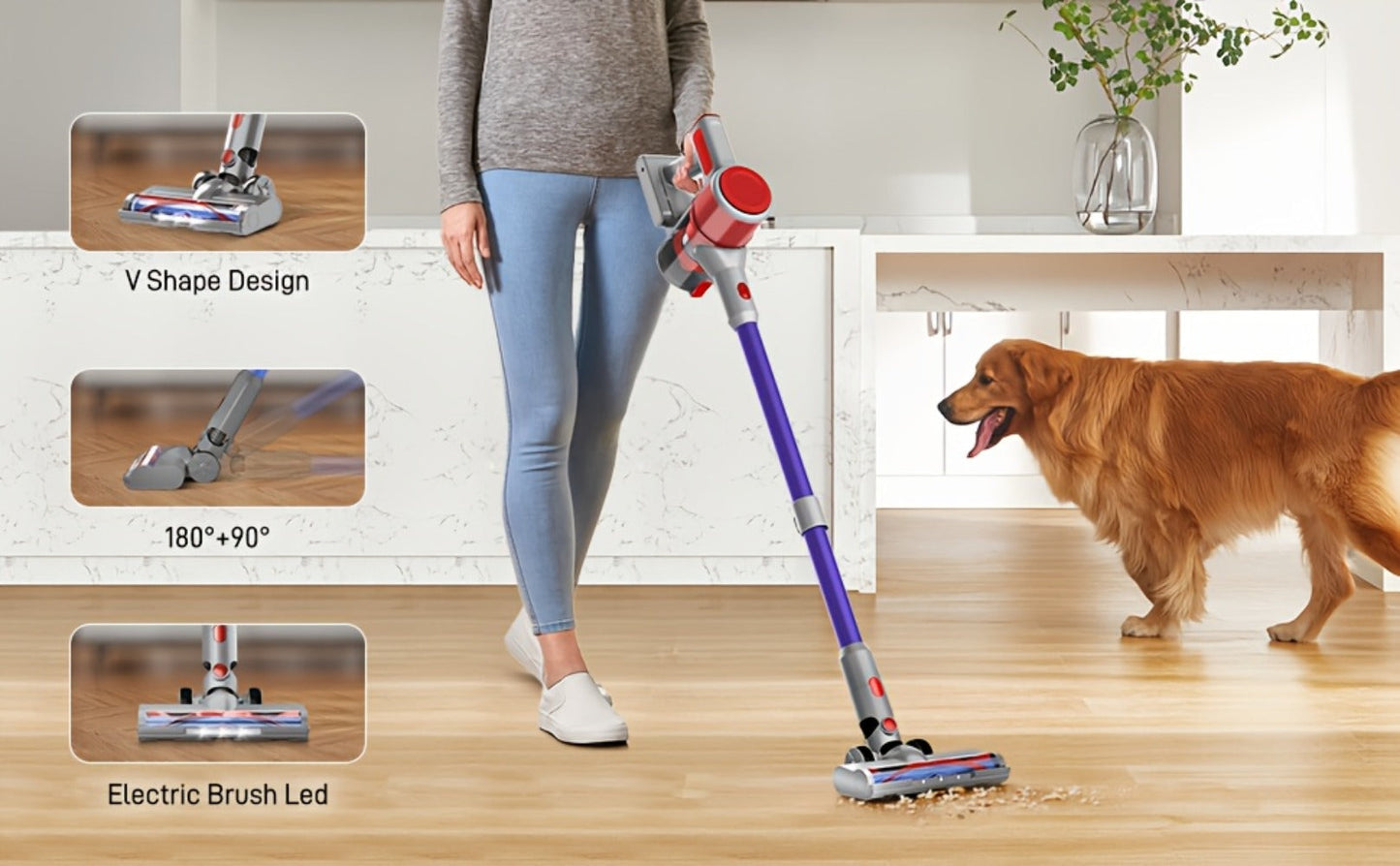 Cordless Stick Vacuum Cleaner 70KPa Brushless Motor 45-Min Runtime Lightweight for Pet Hair Carpet Hard Floor Dust with Cord & Cordless Modes