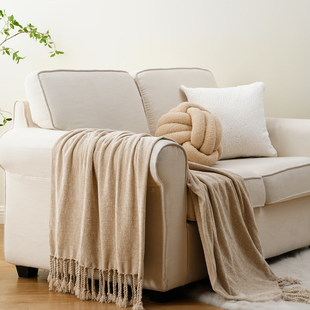 Chenille Fringe Throw Blanket – 180-200gsm Velvety Soft Decorative Throw for Sofa & Couch, Home Decor, 50”×60”, 17 Colors
