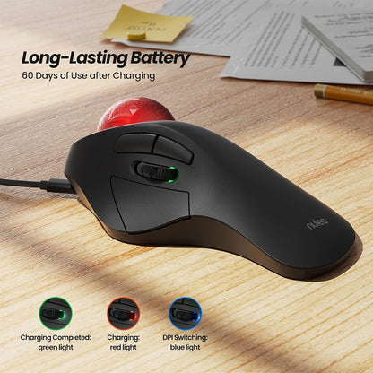 Wireless Ergonomic Trackball Mouse, Rechargeable Bluetooth & 2.4G, 44mm Index Finger Rollerball, 5 DPI Levels, 60-Day Battery, Compatible with PC, Laptop, Mac – Green/Black