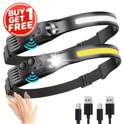 Two-Pack Rechargeable COB Headlamps with 230° Beam, Motion Sensor and Three Light Configurations