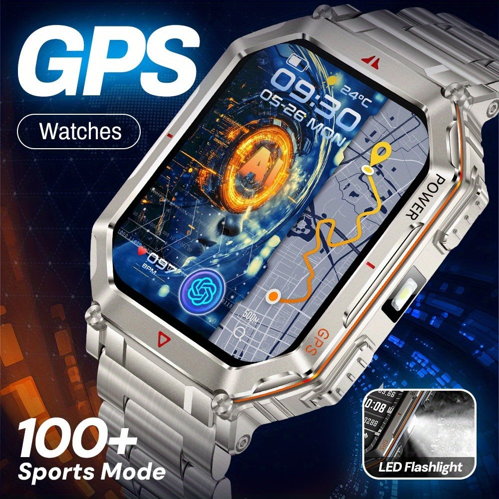 GPS Outdoor Smartwatch All-Metal Body, IPX8 Waterproof, Built-in GPS, Altimeter Barometer & Compass, LED Flashlight, Bluetooth Calling & Message Alerts, Silicone or Steel Strap – Rugged Adventure Watch for Men