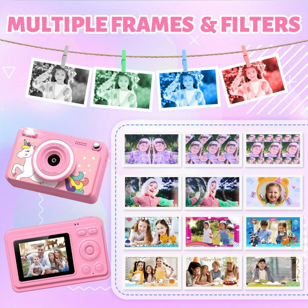 Kids Instant Print Camera with Cartoon Unicorn or Dinosaur Design, Paper Rolls, Color Pens and Four Color Options