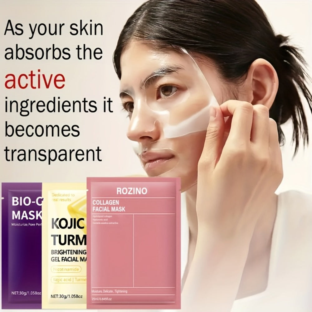 Face Mask, ROZINO 15-Piece Collagen Sheet Assortment with Bio-Collagen and Kojic Acid Turmeric Packets