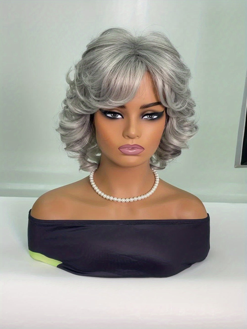 Gray Curly Wig with Bangs 12 Inch Short Silver Grey Synthetic Heat Resistant Rose Net Cap Wig for Women Cosplay Halloween Party Daily Wear All Occasions