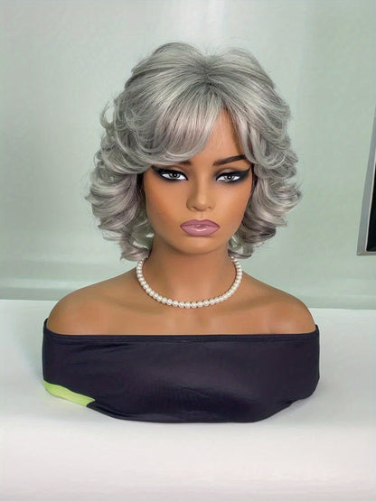 Gray Curly Wig with Bangs 12 Inch Short Silver Grey Synthetic Heat Resistant Rose Net Cap Wig for Women Cosplay Halloween Party Daily Wear All Occasions