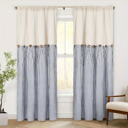 Striped Patchwork Window Curtain Set with Rod-Pocket Top, Six Colors and Five Panel-Count or Size Options