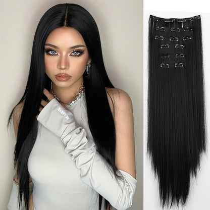 Hair Extensions Straight 24-Inch Synthetic Clip-In Set with Six Wefts in Black or Space Gray
