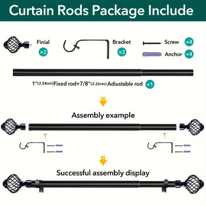 Black Adjustable Curtain Rod with Lattice Finials and Four Length Ranges from 18–32 to 34–152 Inches