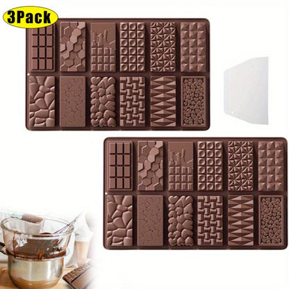 Three-Pack 12-Cavity Silicone Chocolate Bar Mold Set with Scraper for Candy, Wax Melts and Soap