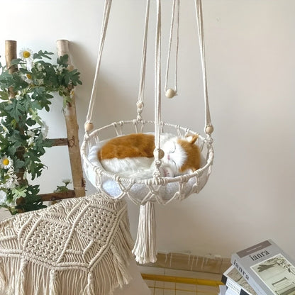 Hand-Woven Rope Cat Hammock & Swing Bed – Indoor Cat Nest Basket for 1-2 Cats, 11.81" & 15.75" Diameter