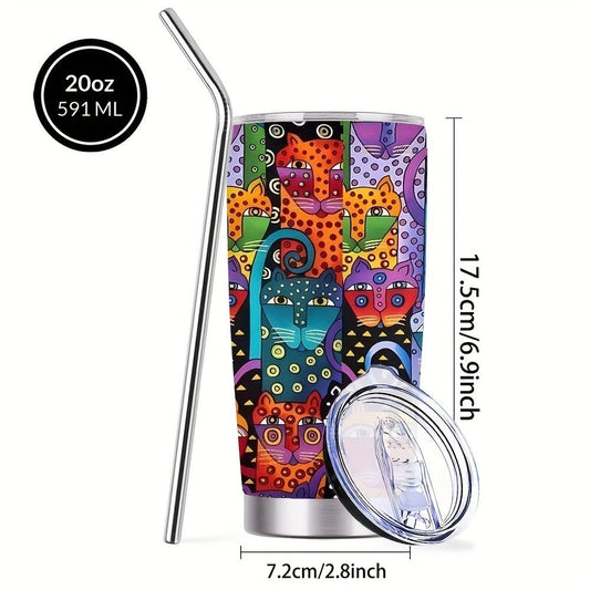 Insulated Tumbler 20oz Abstract Cat Graphic with 304 Stainless Steel, Lid and Straw for Everyday Use