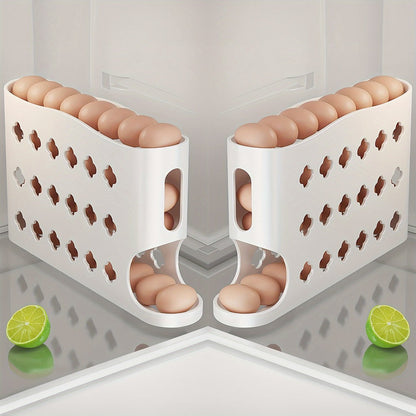 Egg Dispenser for Refrigerator, 4-Tier Automatic Rolling Egg Holder Rack – Space-Saving Egg Storage Organizer for Fridge, Kitchen Cabinet, Countertop and Table