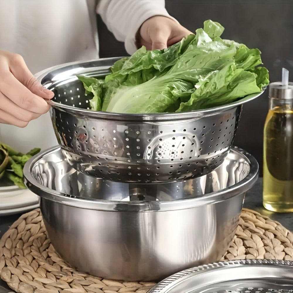 Stainless Steel Kitchen Bowl Set, Three-Piece Grater, Colander and Mixing Bowl Prep System