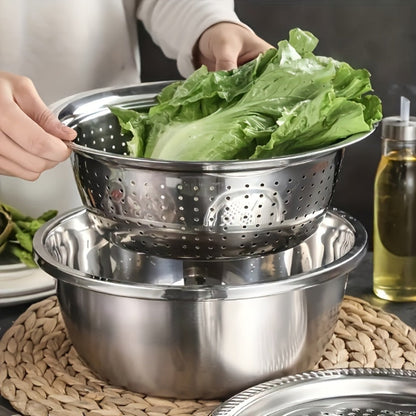 Stainless Steel Kitchen Bowl Set, Three-Piece Grater, Colander and Mixing Bowl Prep System