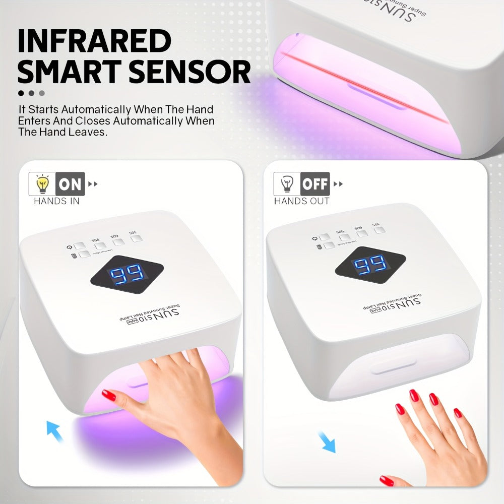 Wireless 30-Bead UV LED Nail Lamp in White with Three Timer Settings and SUN-S10MAX Model Label