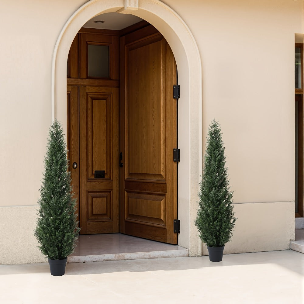 Artificial Cedar Topiary Tree with 3, 4 or 5 ft Height Options, Black Pot and Single or Two-Tree Sets
