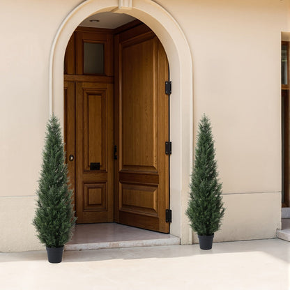Artificial Cedar Topiary Tree with 3, 4 or 5 ft Height Options, Black Pot and Single or Two-Tree Sets