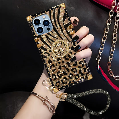 Leopard Print iPhone Case with Ring Buckle Stand Anti-Drop Fashion Rectangular Cover for iPhone 16 Pro Max 15 Pro Max 15 Plus 14 Pro Max 13 Pro Max 12 Pro Max – Trendy Women Girls Kickstand Phone Case