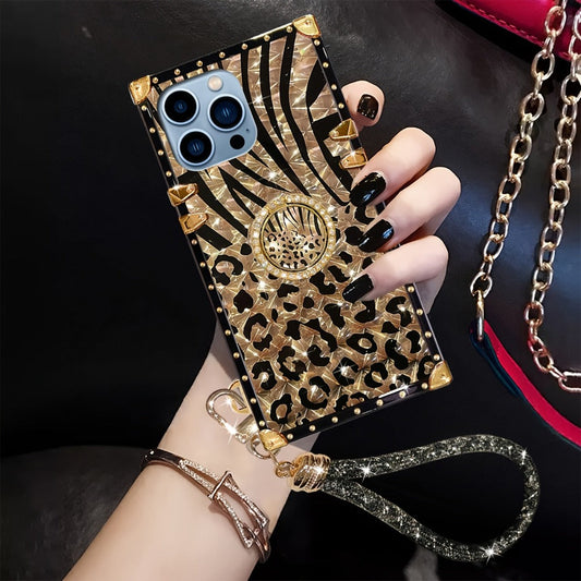 Phone Case Leopard Print Rectangular Cover with Ring Grip Kickstand for Select iPhone 12–16 Models