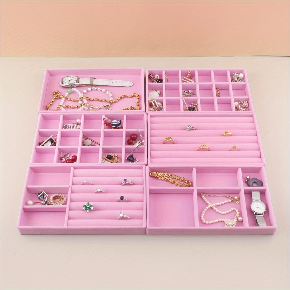 Stackable Jewelry Organizer Trays 6-Piece Set – Rectangular Multi-Compartment Drawer Inserts with Removable Dividers for Earrings, Rings, Necklaces & Bracelets – Tabletop Jewelry Display Case Storage