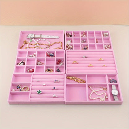 Stackable Jewelry Organizer Trays 6-Piece Set – Rectangular Multi-Compartment Drawer Inserts with Removable Dividers for Earrings, Rings, Necklaces & Bracelets – Tabletop Jewelry Display Case Storage
