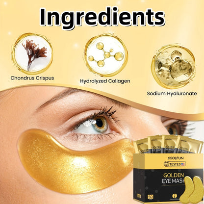 50-Pair Gold-Tone Under-Eye Patch Box with Individual Pouches and Collagen, Hyaluronic Acid and Glycerin Wording