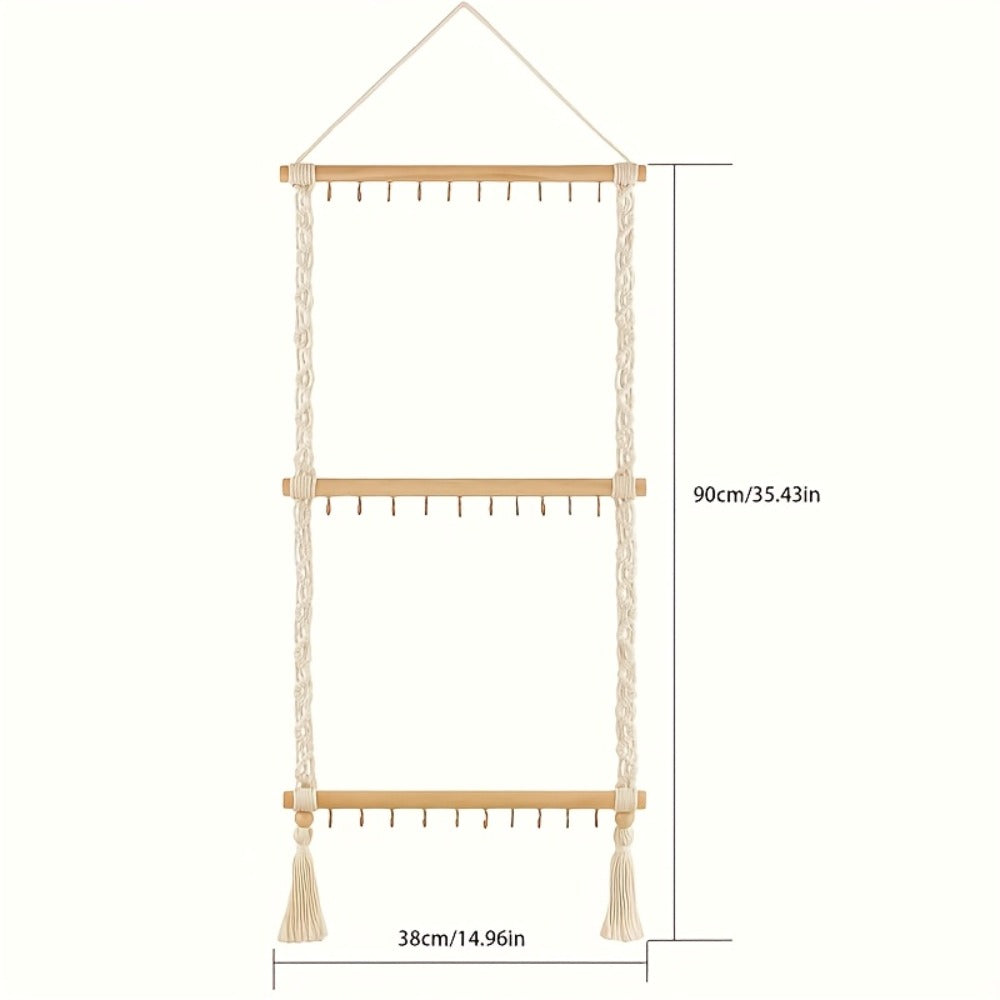 Jewelry Organizer Hand-Woven Wall Hanging Rack with Tassel Detail and 30 Hooks in 1- or 2-Piece Options