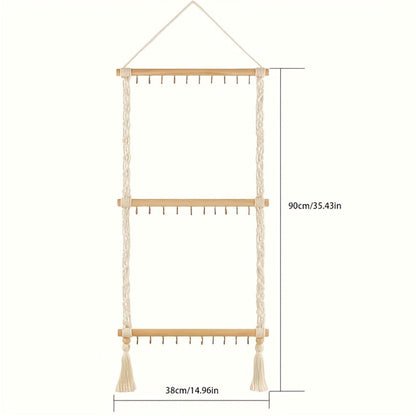 Jewelry Organizer Hand-Woven Wall Hanging Rack with Tassel Detail and 30 Hooks in 1- or 2-Piece Options