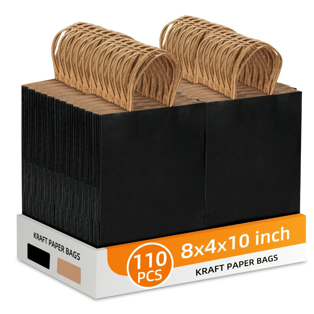 One Hundred Ten Black Kraft Paper Gift Bags with Handles, 8 x 4 x 10 Inch Bulk Retail Pack